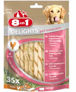 Xương gặm sạch răng cho chó 8in1 Delights Twist Sticks Pork and Porkhide Dog Chew 35 Pack
